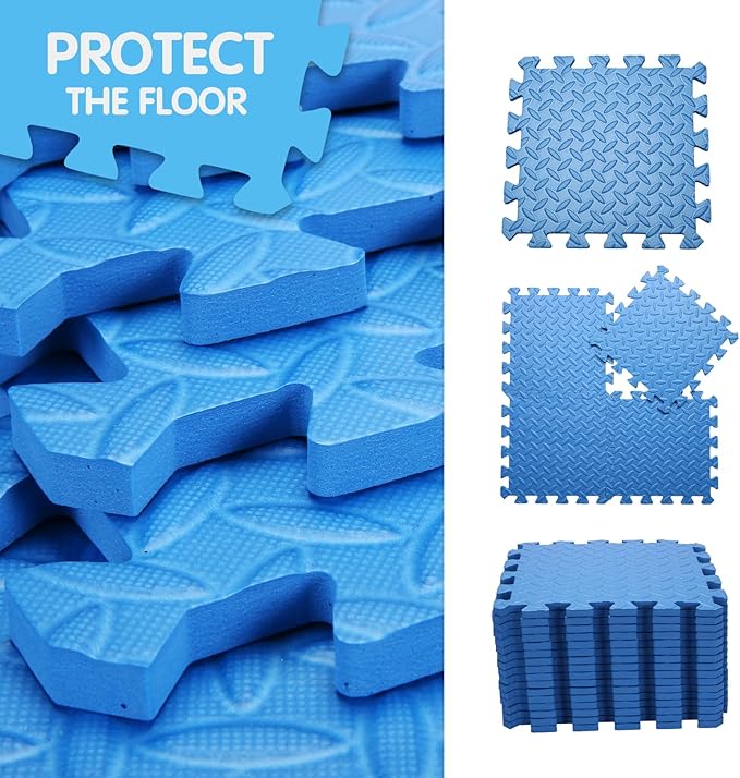 Coolcandy EVA Foam Play Mat, 16 Tiles Colorful Baby Play Mat, Square Kids Playmat with Solid Colored, 0.4" Thickened Interlocking Foam Floor Tiles, Puzzle Play Mat for Baby Lying, Playing (Blue)