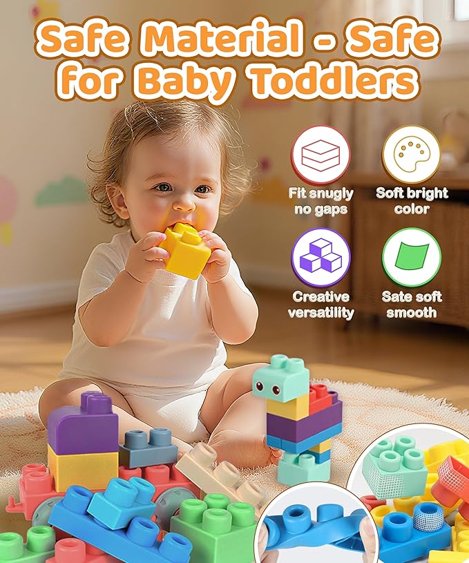 80PCS Soft Building Blocks for Toddlers 1-3， Baby Stacking Toys for Early Learning & Development ， BPA-Free Silicone Blocks for Kids，Safe, Fun, and Educational Baby Toy，Large Soft Blocks