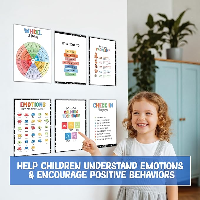 Set 12 Calming Corner Posters for Classroom Must Haves For Teachers, Composition Notebook Classroom Decor, 10x12 Calm Down Corner Supplies, Feelings Chart For Kids Ages 4-8, Feelings Wheel Poster