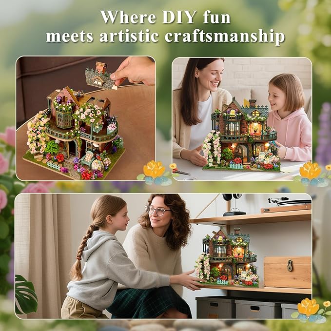 DIY Miniature House Kit with LED Lights, Fairy Garden Wooden Mini House Building Kit for Adults & Teens, Creative Crafts for Women, Friends & Hobbyists