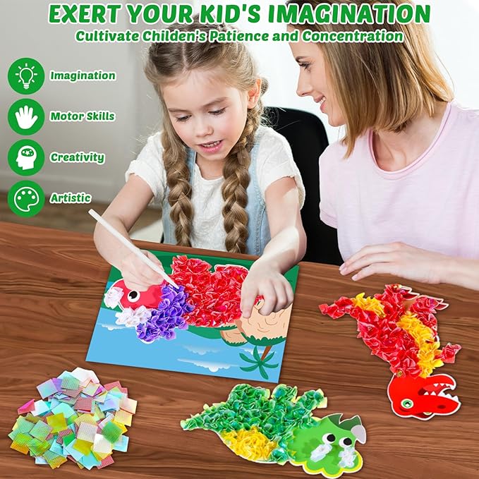 8PCS Poke-in Craft and Art Kit for Kids Dinosaur Theme No-Mess Fabric Sewing Art for Girls Boys 4-12 Fabric Puzzle Puncture Painting Dino Toy Gifts for Creative Activity Game Birthday Party