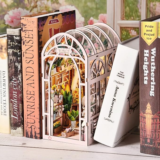 DIY Book Nook Kit, Miniature Bookshelf Decor with LED Lights, Laser-Cut Wooden Craft Set for Adults, Creative Gift for Christmas, Birthday, Greenhouse Flower Room