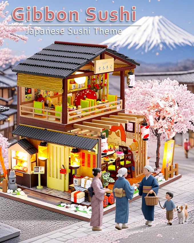 Miniature House Kit – Gibbon Sushi, DIY Wooden Dollhouse for Adults with LED & Furniture, Tiny House Craft Gift for Teens Families Friends