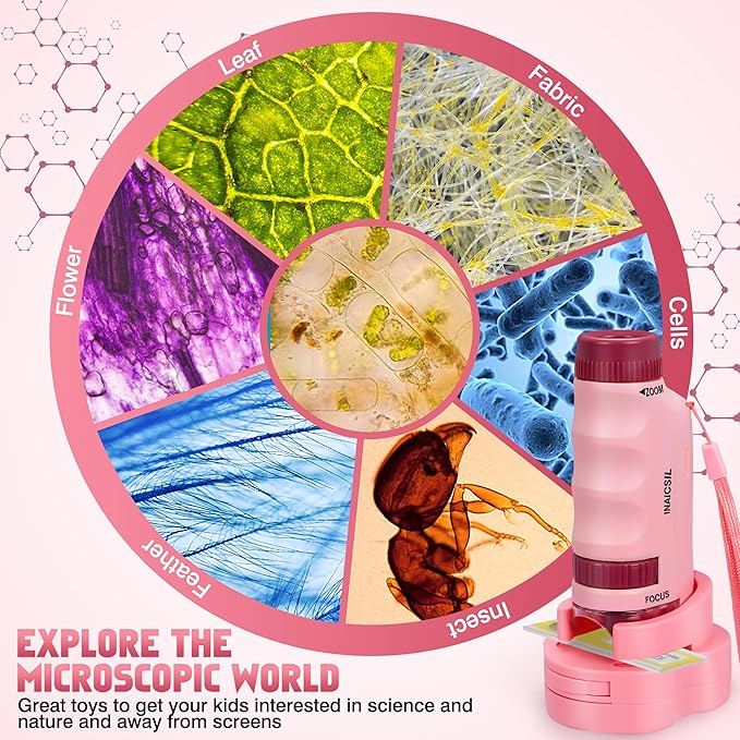 Portable Microscope for Kids Zoom 60x-180x,Handheld Mini Microscope STEM & Science Toys,LED Pocket Little Scientist Microscopes with 12pcs Slides,Gifts for 6,7,8,9,10+ Girls Boys（2PCS Pink）