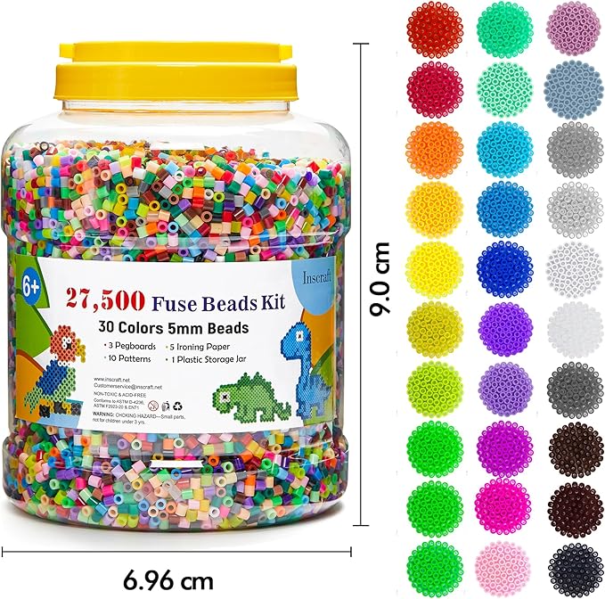 INSCRAFT 27,500 pcs Fuse Beads Kit for Kids Crafts, 30 Colors Iron Beads Set with 3 Pegboards, 5 Ironing Paper, 10 Patterns, Gifts for Birthday Christmas, Multicolor 5mm Melty Beads Bulk Refill Kit