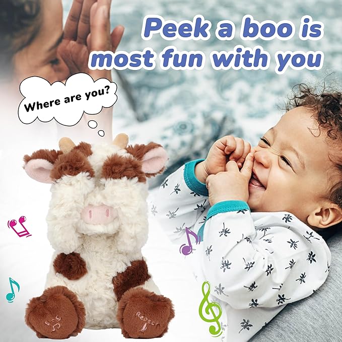 Hopearl Peek A Boo Cow Interactive Repeats What You Say Plush Diary Cattle Toy Musical Singing Talking Stuffed Animal Adorable Electric Animate Gift for Toddlers, Brown, 11''