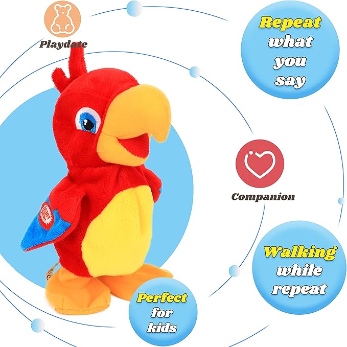Hopearl Talking Parrot Repeats What You Say Walking Electric Interactive Animated Toy Speaking Plush Buddy Birthday Festival for Toddlers Birthday, 8''