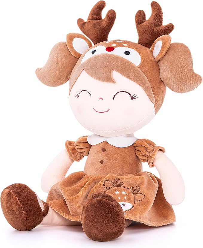 Gloveleya Plush Baby Doll Girl Gifts – 16 Inch Soft Elk Deer Doll with Gift Box, Brown Toddler Girl Birthday Present, Keepsake First Plush Toy for Nursery, Christmas
