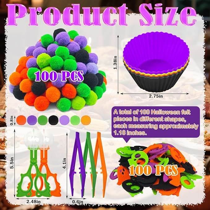 213 Pcs Halloween Felt Sensory Bin Filler Sensory Bin Items Fine Motor Toys Counting Sorting 100 Pom Pom 100 Felt Bat Ghost Pumpkin 8 Sorting Cups for Halloween Sorting Counting Training