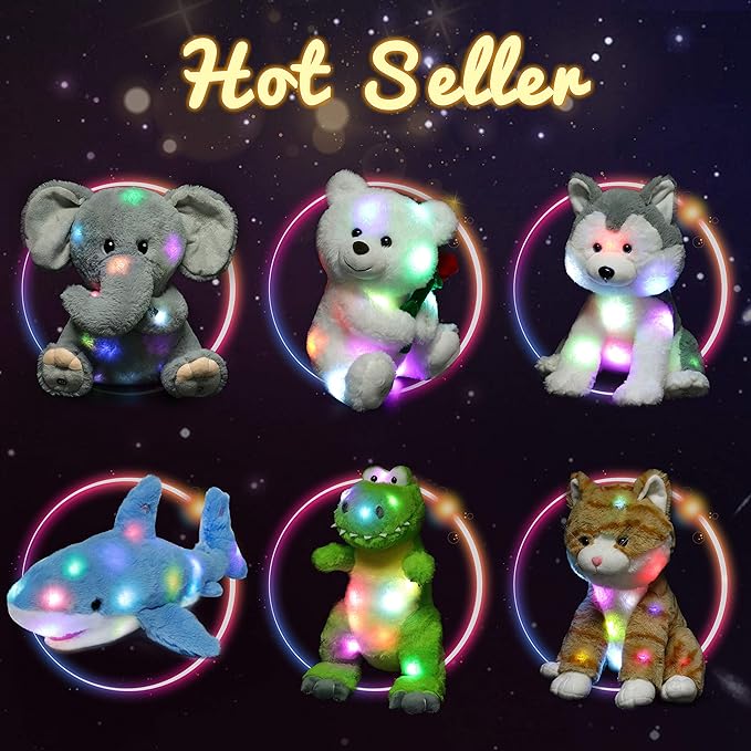Hopearl LED Plush Husky Light up Stuffed Animal Dog Floppy Puppy Night Lights Glow in The Dark Birthday Festival for Kids Toddler Girls, Gray, 12''