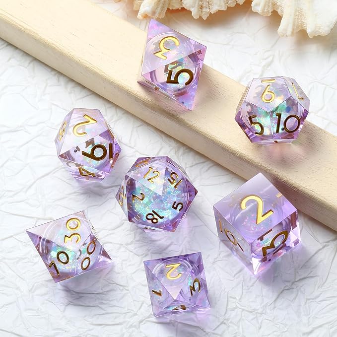 Lilac Liquid Core DND Sharp Dice,DNDND 7PCS Glitter Sparkle Sharp Edge D&D Dice with Gift Case for Dungeons and Dragon Game (Lilac)
