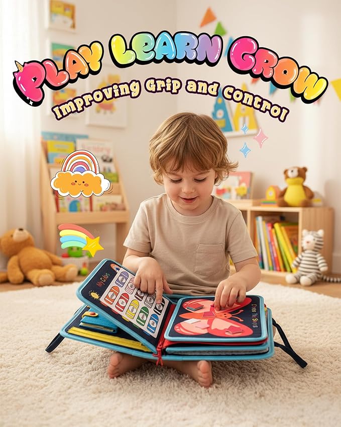 Montessori Busy Board for Toddlers Ages 1-4, Busy Book with 8 Pages Educational Sensory Activities, Learning Toy for Fine Motor Skills, Travel Toy for Airplane or Car, Birthday Gift for Boys & Girls