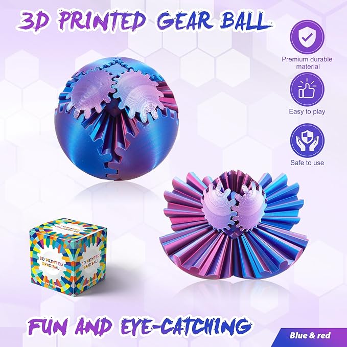 Gear Ball-3D Printed Gear Sphere,3D Printed Spin Ball Cube Fidget Toy,The Steampunk Whirling Wonder Fidget Ball Toy(Red Blue)