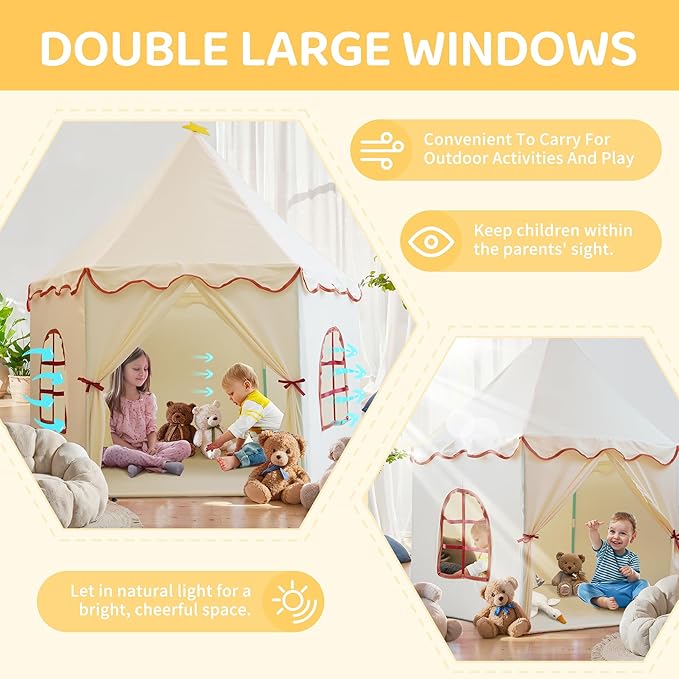 Large Girls Play Tent Princess, Boys Castle Kids Playhouse Indoor Outdoor Toddler Teepee | American Style Design, Age 3-8| Detailed Instructions| Colorful Package| Christmas Birthday Gift Beige