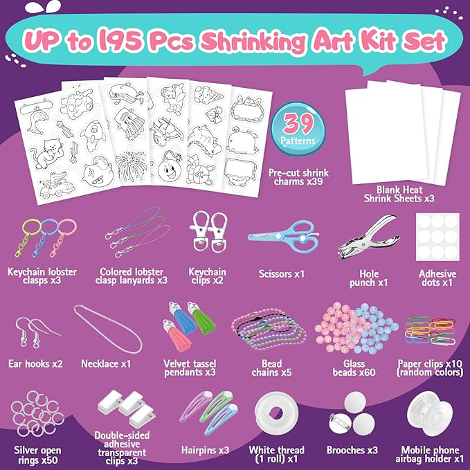 195 Pcs Shrink Plastic Kit with 39 Pre-Cut Patterns,3 Blank Shrink Plastic Sheets,Punch,Scissors,Keychains Lanyards,Tassels,Keychain Making Kit,Shrinky Art Charms,Shrinking Paper Craft Kits DIY Gifts