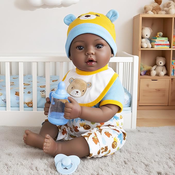 Lifelike Reborn Baby Doll, 18-Inch Realistic African American Baby Dolls Weighted Newborn Boy Doll Soft Cloth Body Real Life Dolls Gift for Kids 3+, Complete with Clothes and Toy Accessories