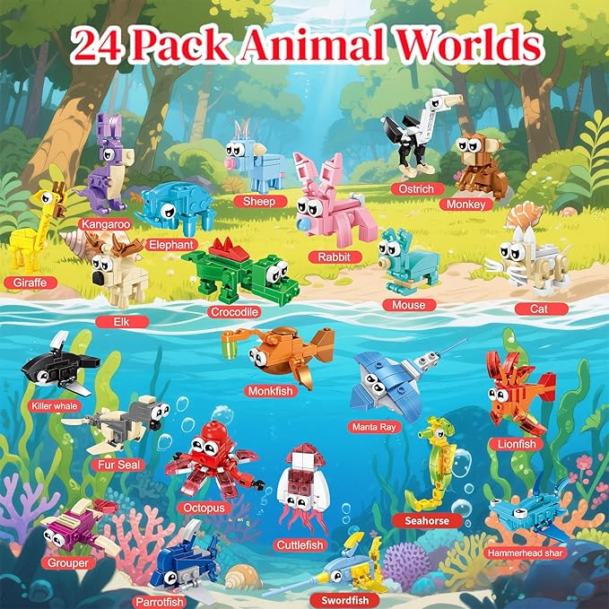 24 Pack Party Favors for Kids, 72 Animal Mini Block Sets， Classroom Goodie Bags, Carnival Prizes, Easter, Birthday Favors for Boys Girls Ages 6-12
