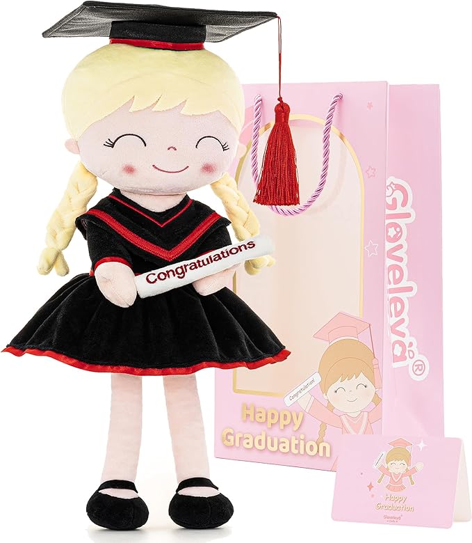 Gloveleya Graduation Plush Doll – 16 Inch Baby Girl Gift with Cap & Gown, Keepsake Congratulation Present for Kindergarten & School Graduation, Soft Cloth Doll with Gift Bag