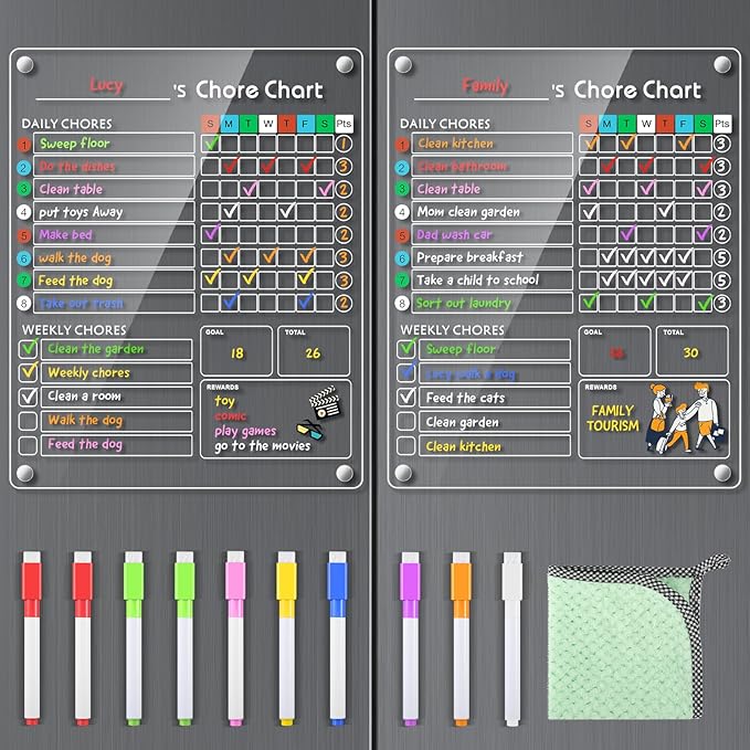 Acrylic Magnetic Chore Chart for Kids, 9.5"x12" Behavior Reward Responsibility Chart for Kids/Teens/Adults Chore Chart for Multiple Kids, Reusable Chore Checklist & Responsibility Tracker (2 Pack)