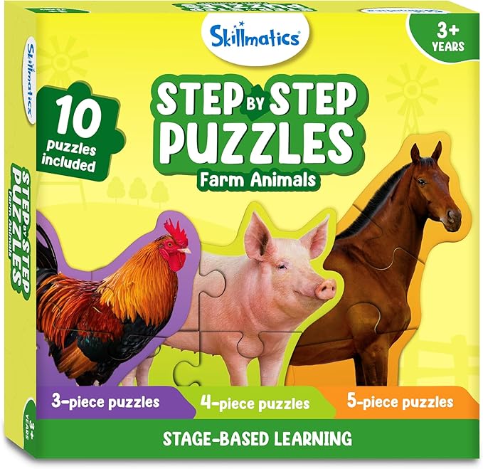 Skillmatics Step by Step Puzzles - 40 Piece Jigsaw & Toddler Puzzle, Montessori Educational Toy for Boys & Girls, Farm Animals, Travel Friendly, Gifts for Kids Ages 3, 4, 5 and Up