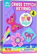 KRAFUN Cross Stitch Kits for Kids Beginners, 4 Cross Stitching Keyrings Arts & Crafts with Butterfly and Flower, Needlepoint Embroidery Kit for Girls 5-13 Craft Kit Backpack Charms, Ornaments