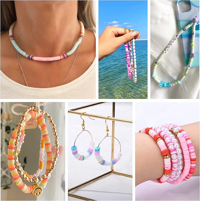 AceFun 3750PCS Clay Beads for Bracelets Making Polymer Clay Beads Kit with Pearl Beads Spacer Beads, Disc Heishi Beads Set for Jewelry Making Necklace Bracelet Earrings Finding, Pink Mixed