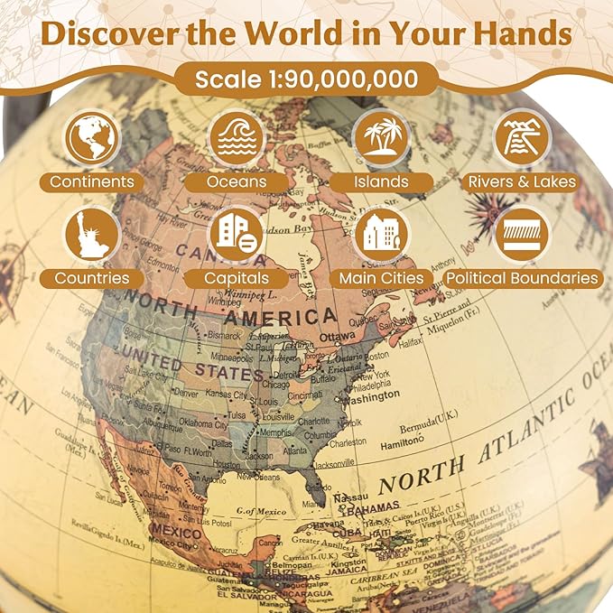 COSTWAY Antique Globe Dia 5.5-Inch, Mini Rotating World Globe w/Wooden Base, Modern Map & Vintage Color, For Kids & Adults' Geography Educational Learning, Desktop Decoration for Home Office School