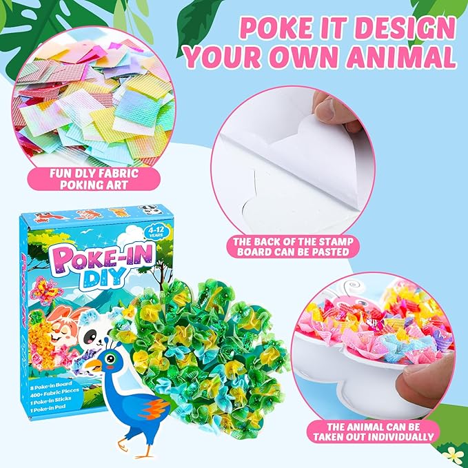 8PCS Poke-in Craft and Art Kit for Kids Animal Theme No-Mess Fabric Sewing Art Girls Boys 4-12 Puzzle Puncture Painting DIY Jungle Animal Toy Gifts for Creative Activity Game Birthday Party