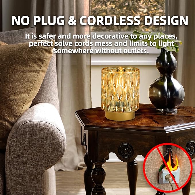 Battery Operated Table Lamps Timer, Mini Crystal Lamp for Area No Plug, Cordless Lamp with LED Bulb for Power Outage, Decorative Lamps for Tabletop/Corner/Entryway/Stairway/Bathroom/Fireplace (Amber)