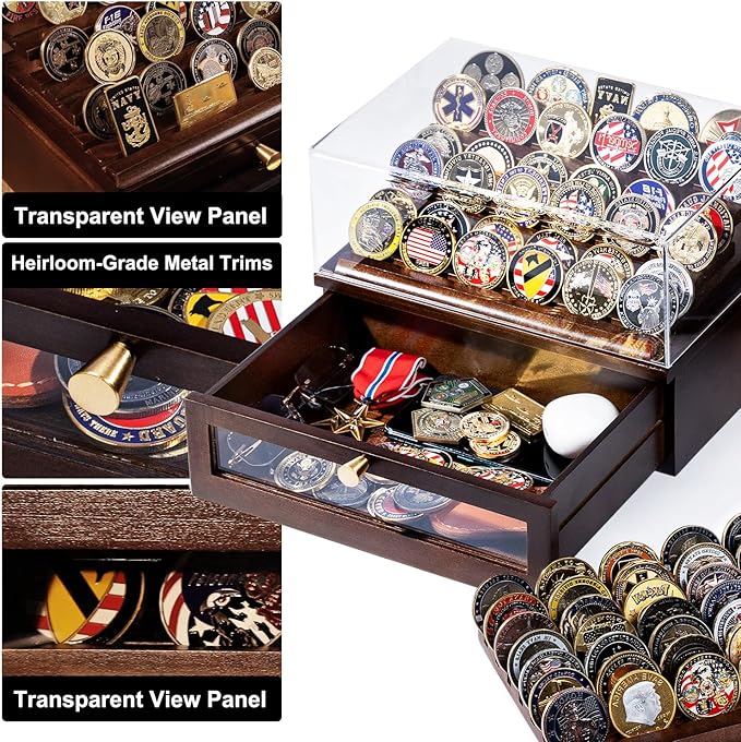 Premium Challenge Coin Display Case for 100 Coins - 360° View & Interchangeable Panels - Military, Police, Fire Fighter Gift for Retirement, Promotion