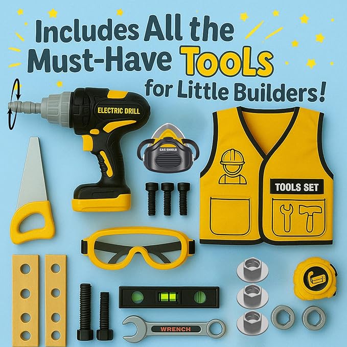 Kids Tool Set with Carrying Case, Electronic Toy Drill with Bits & Construction Vest – Pretend Play Kit with Safety Googles, Gas Shield, Tape Measure, Saw, Bubble Level, Screwdriver, Nuts & Bolts