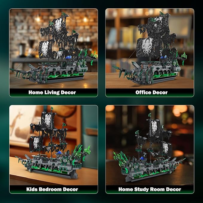 NUTCRACKER Pirate Ship Model Building Kits with LED Light, Ghost Ship Flying Dutchman Toy Building Set, Sailboat Model Home Easter Decor, Easter Birthday Gift for Adults Boys Girls（1100 Pieces）