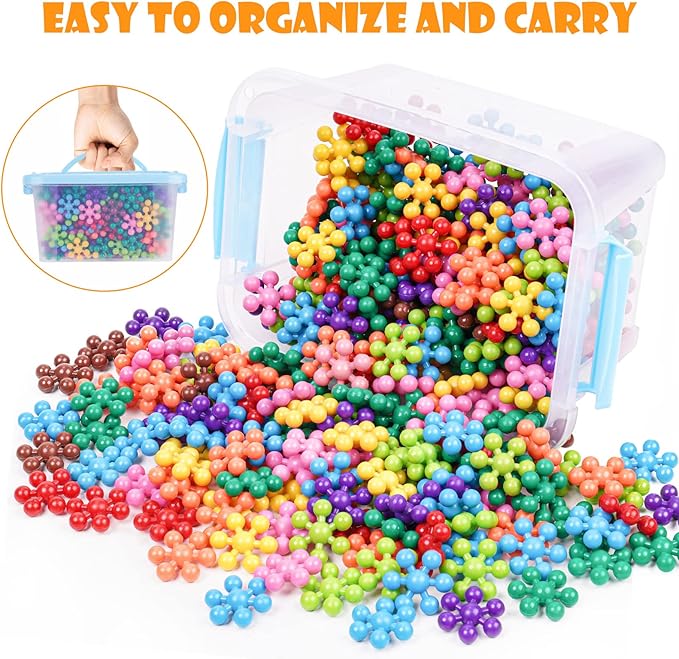 Snowflake Interlocking Building Block Educational Toy 300PCS for Kids Ages 3+, Multi-Color Solid Plastic Early Learning Creativity STEM Toy with Carrying Case Safe Material