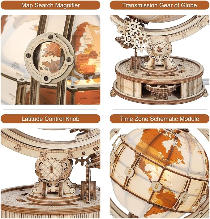 ROKR 3D Wooden Puzzles for Adults Illuminated Globe with Stand 180pcs 3D Puzzles Built-in LED Model Kit Hobby Gifts for Adults Home Decor