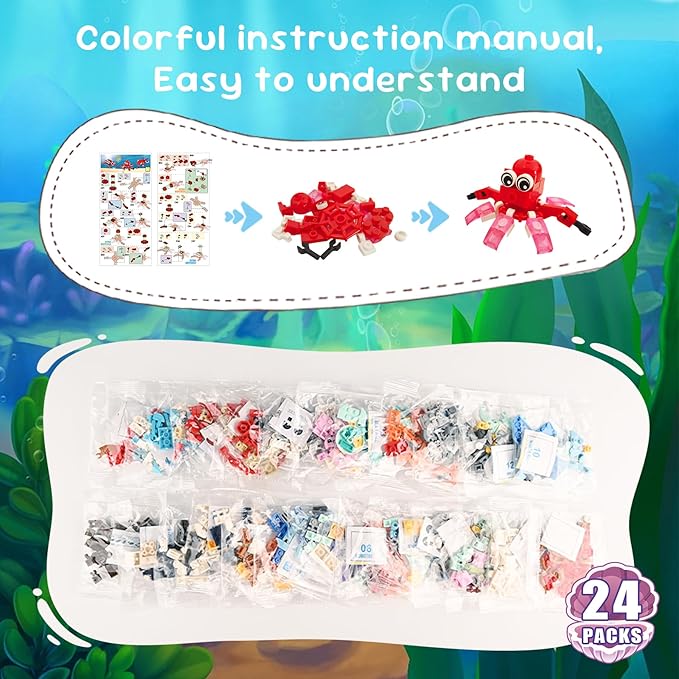24 Party Favors Kids Building Blocks Dinosaur, Sea Animals Pool Party Favors Building Set for Birthday, Classroom Prizes,Goodies Bag Filling, Gift for Boys and Girls Ages 6-12