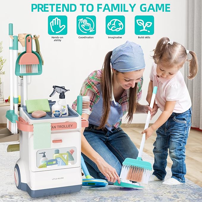 Kids Cleaning Set for Toddlers, Detachable 20 Pcs Pretend Play Set, Educational Toddler Cleaning Carts Includes Real Working Vacuum Cleaner, Broom, Spray Bottle and More