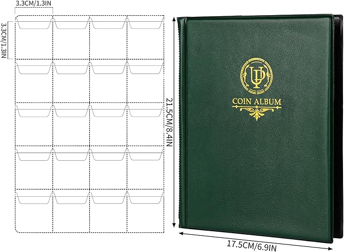 200 Pockets Coin Album - Coin Collecting Book with 10 Pages, 33x33 mm Grid Holder for Pounds Pence Cents Dollars Nickel (Green) CS48200GR