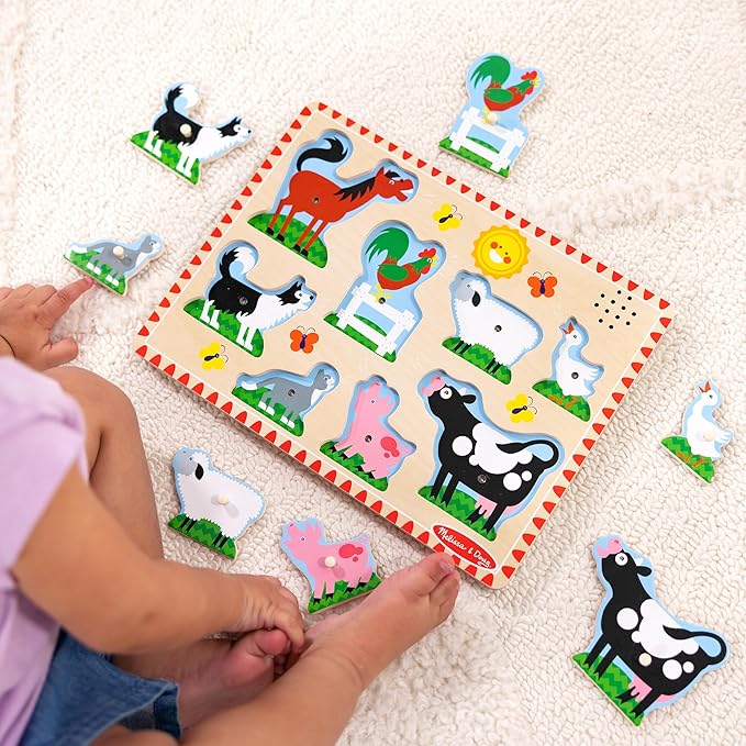 Melissa & Doug Farm Animals Sound Puzzle - Wooden Peg Puzzle with Sound Effects (8 pcs)
