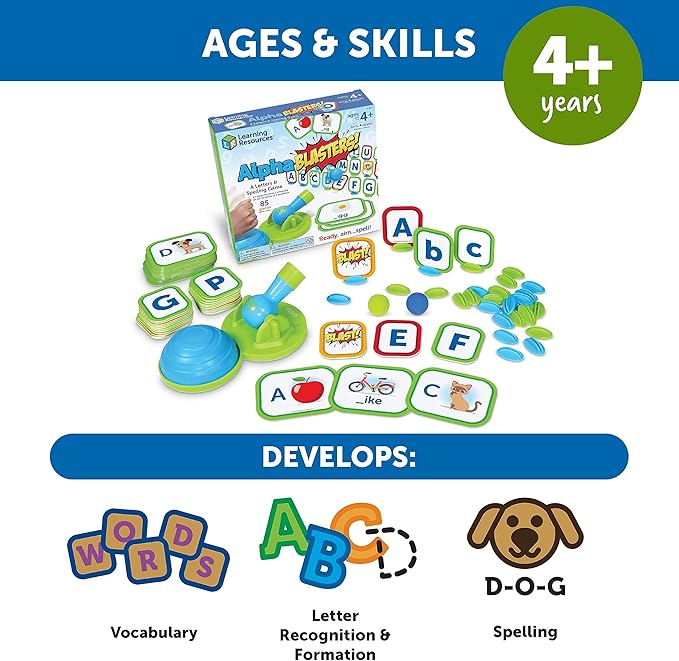 Learning Resources Alphablasters! Letter & Spelling Game - 85 Pieces, Ages 4+ Toddler Preschool Learning, Educational Indoor Games, Preschool Alphabet, Toddler Brain Games