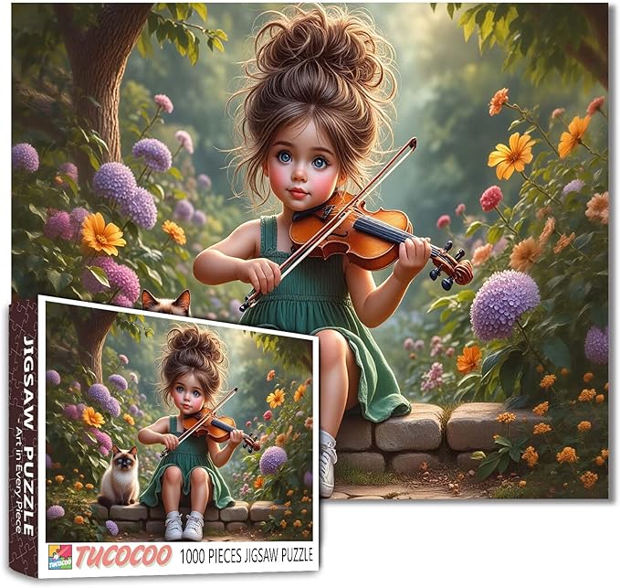 Tucocoo 1000 Piece Jigsaw Puzzle for Adults, Girl Playing Violin in Garden with Cat – Challenging and Relaxing Puzzle, Aesthetic Art Puzzle for Family, Educational Toys for Teens Home Wall Decor Gift
