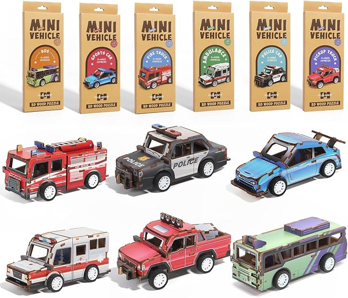6 Pack 3D Wooden Puzzle Car STEM Kits, Science Kits for Kids Ages 5-12, Model Car Building Kits, 3D Puzzles for Kids, Educational Wooden Craft Gifts for Boys and Girls Age 4-12