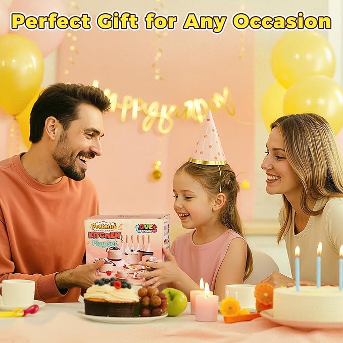 LovesTown 59PCS Play Kitchen Accessories with Basket, Pink Pretend Play Food Set for Kids with Pots Pans Tableware Kitchen Cooking Toys for Toddler Gifts for Boys Girls