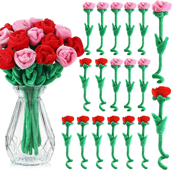 18 Pcs Plush Rose Flower Stuffed Bendable Stems Plush Bouquet Toy Soft Floral 12.6 Inch for Graduation 2025 Mother's Day Valentines Day Girl Girlfriend Wife Family and Friends(Red Pink Series)