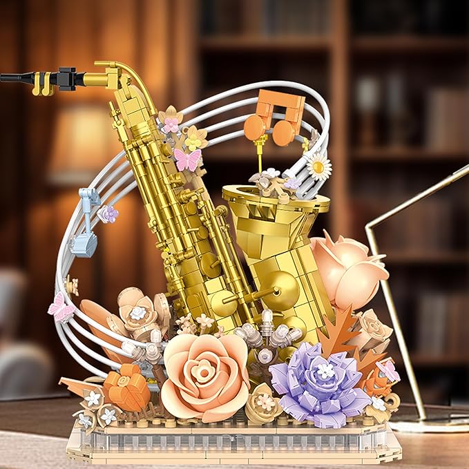 Mini Building Blocks Sets Flower Saxophone - 1000+PCS Musical Instrument Micro Building Bricks Kit Toy - Creative Ideals, Collectible Architecture Decoration, Gift for Adults(Saxophone Flower)