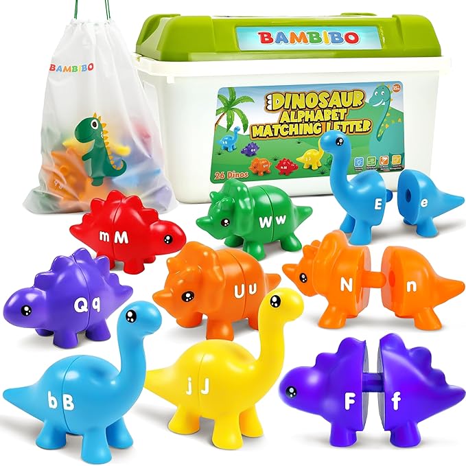 Bambibo Dinosaur Alphabet Learning Toys - 52pc in Storage Box | 26 Double Sided Dino Matching Toys | Preschool Dinosaur Letter Matching Toy for Toddlers 3-5