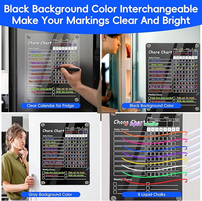 Acrylic Magnetic Chore Chart for Kids & Adult，12" x 9.5" Behavior Responsibility Reward Chart，at Home Clear Dry Erase Refrigerator Board for Multiple Kids & Teens(w/ 8 Markers & Towel)