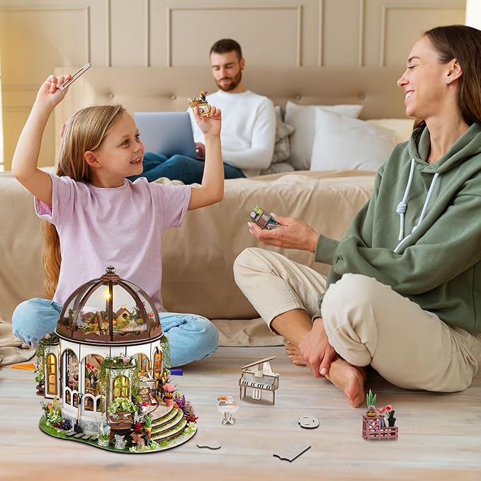 DIY Miniature House Kit,Green Garden Mini House Building Kit with LED & Furniture,Tiny House Dollhouse Kit for Adults Teen Hobby,Wooden Craft Mini Model Kit,Plants Lover Home Decor Birthday Gifts