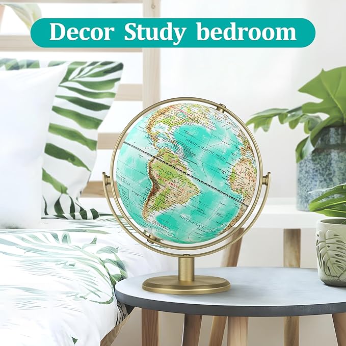 8'' World Globe with Gold Stand 720° Rotating, Kids Adults Student Geography Educational, Desk Globe Decorative Office Classroom, Unique Birthday Christmas Gifts (Elegant Turquoise)
