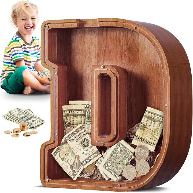 Summidate Large Wooden Piggy Bank for Kids Adults, Alphabets Letter A-Z Piggy Bank for Boys Girls, Coins Bills Change Bank Box Personalized Initial Name Kids Money Bank for Birthday Present and Decor