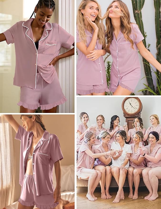 SWOMOG Womens Button Down Pajamas Set Short Sleeve Sleepwear Bride Soft Pj Lounge Sets XS-3XL